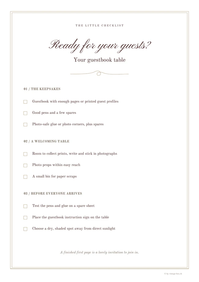 Guestbook table checklist