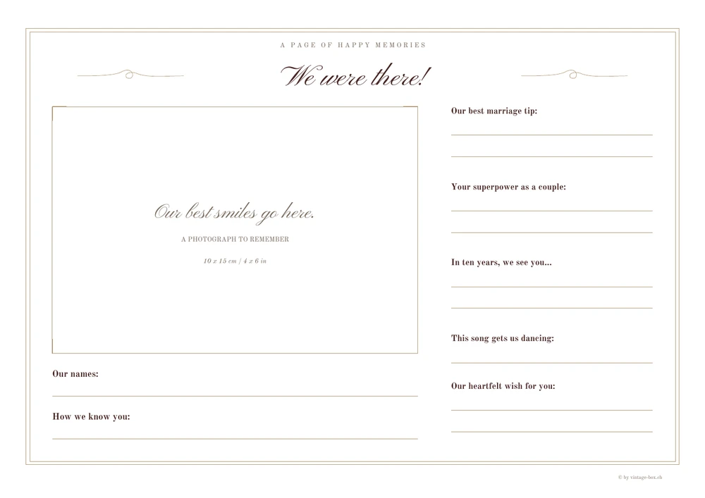 Preview of the A4 guest profile with a photo space, names, wishes and playful questions.